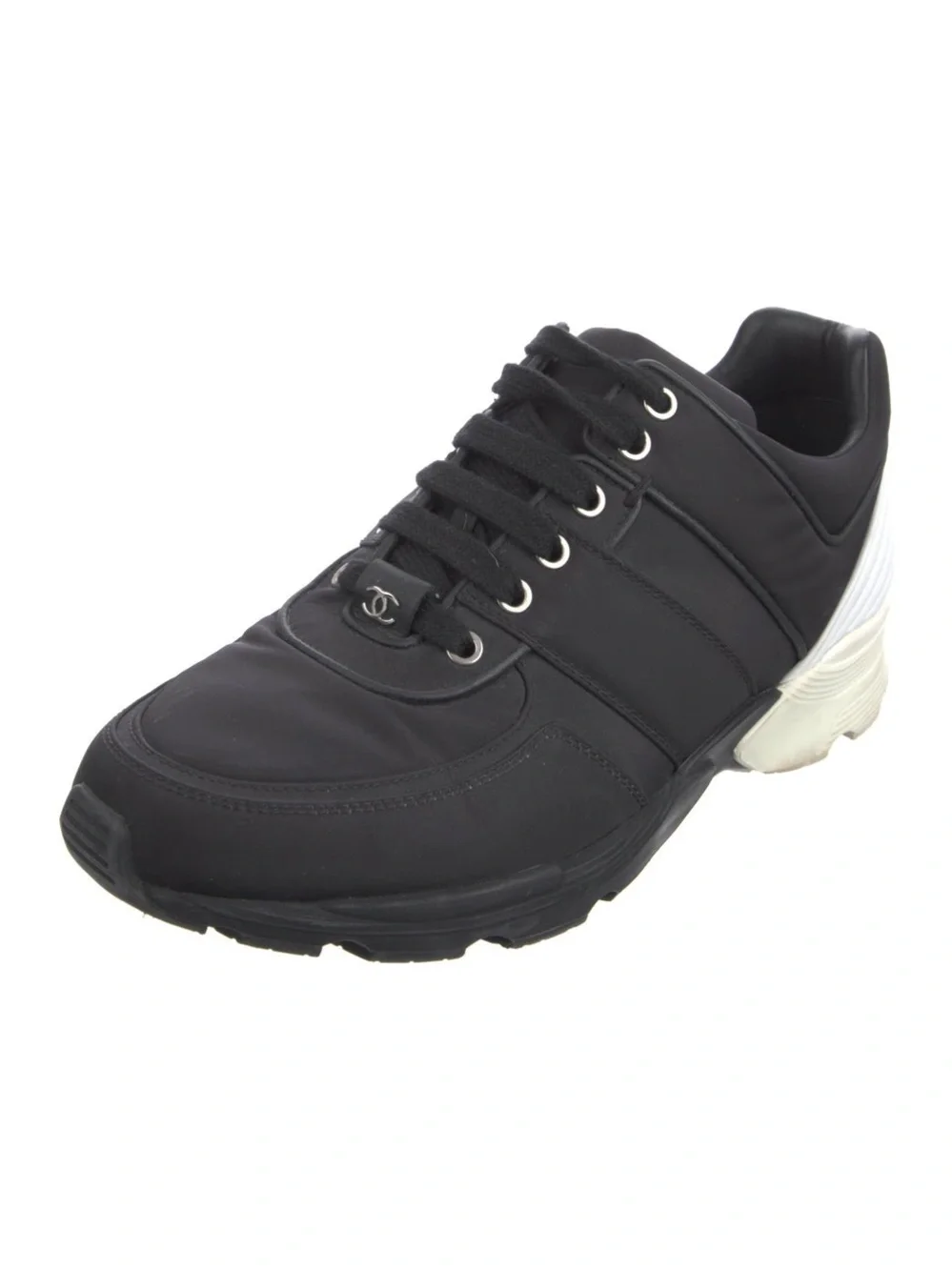 CHANEL 2017 Interlocking CC Logo Athletic Black Nylon with Leather Trim Sneakers
